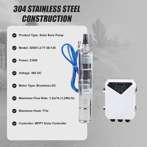 210W Solar Bore Pump 36V DC Submersible Well Pump 77m Head