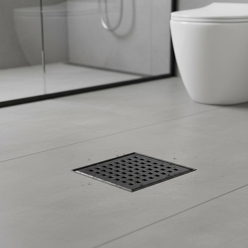 15 x 15cm Square Shower Drain with Grid Pattern Grate – Matte Black Stainless Steel