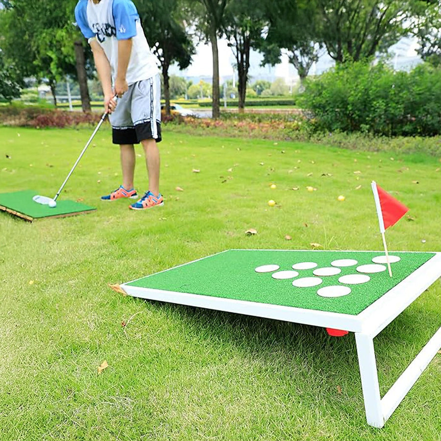 Golf Cornhole Game Set with Chipping Mats and Putters