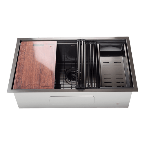 32" Workstation Kitchen Single Bowl Sink in Nano Black with Brushed Finish