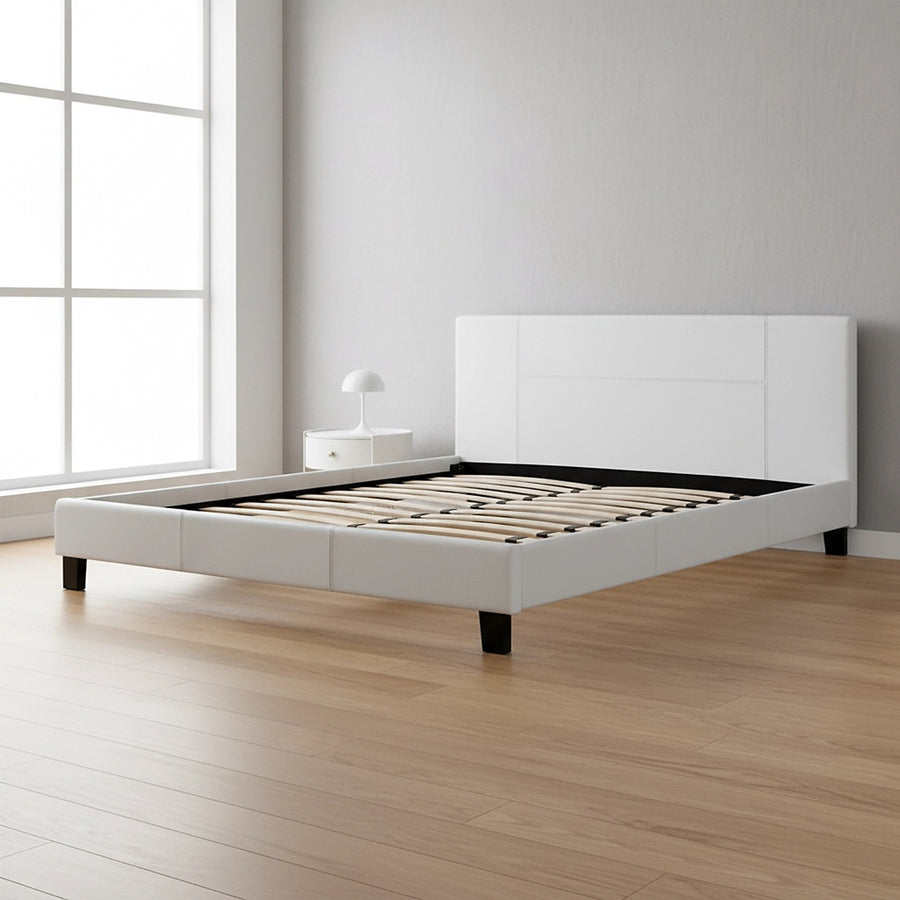 King Size Bed Frame with Headboard – White PU Leather