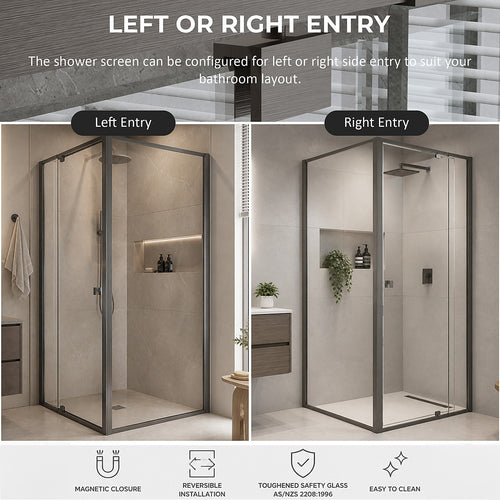 Semi-Frameless Shower Screen – Gunmetal, Front: (74~82)x195cm, Side: (77~80)x195cm