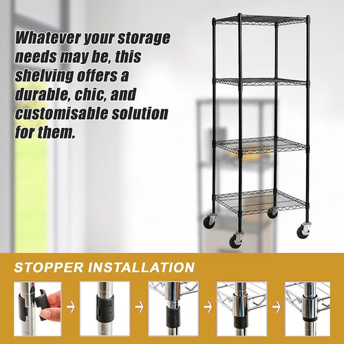 Modular Wire Storage Shelf 600 x 600 x 1800mm Steel Shelving - Baking Black Technology with Wheels