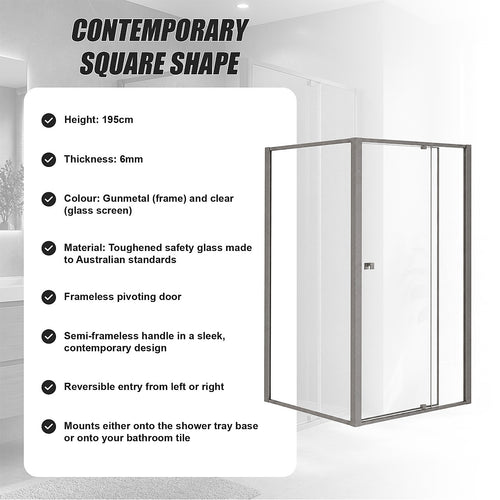 Semi-Frameless Shower Screen – Gunmetal, Front: (98~106)x195cm, Side: (98~101)x195cm