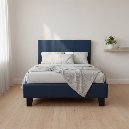 Single Size Bed Frame with Headboard – Blue PU Leather