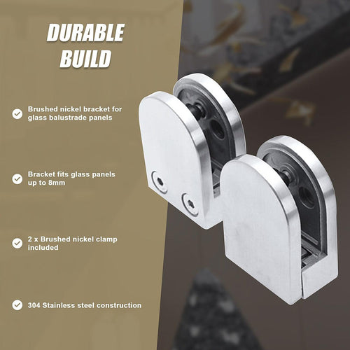 Brushed Nickel Bracket for Glass Balustrade Panels - Set of 2