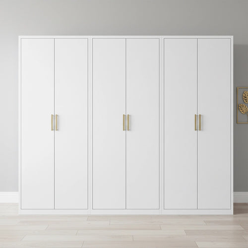 240x200cm 6-Door White Steel Shelf Wardrobe with Gold Handle Storage Cabinet