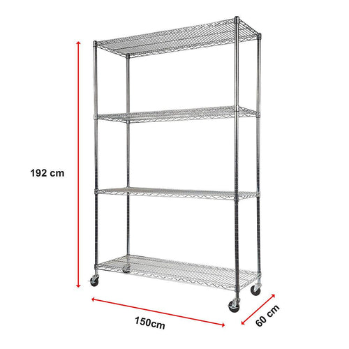 Modular Wire Storage Shelf 1500 x 600 x 1800mm Steel Shelving - Carbon Chrome Plated with Wheels