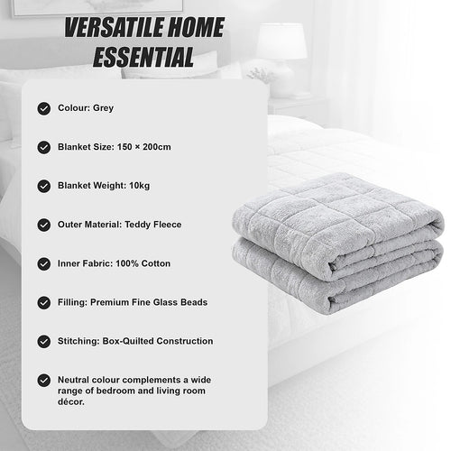 10kg Teddy Fleece Weighted Blanket 150 x 200cm Ultra Soft Sherpa Heavy Blanket Grey for Bed, Sofa & Home Comfort