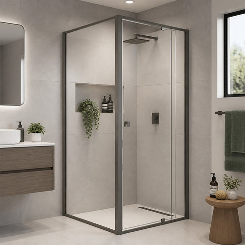 Semi-Frameless Shower Screen – Gunmetal, Front: (74~82)x195cm, Side: (77~80)x195cm