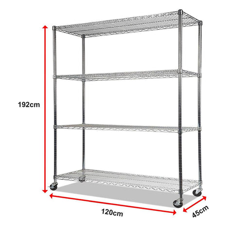 Modular Wire Storage Shelf 1200 x 450 x 1800mm Steel Shelving - Carbon Chrome Plated with Wheels
