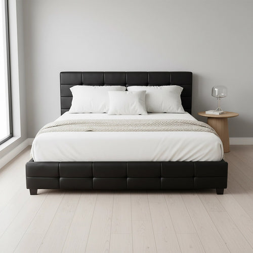 King Deluxe Black PU Leather Upholstered Bed Frame with Headboard & Slats