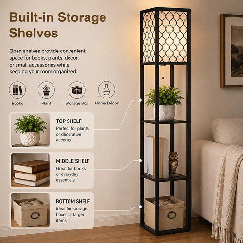 Shelf Floor Lamp with Shade and Open Shelves in Black Wood - Style B