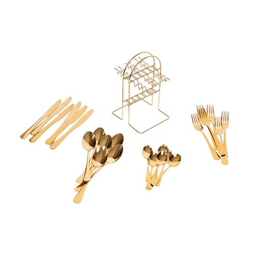 Tableware 24PC Gold Cutlery Set SS304 Household Knife Fork Spoon Kitchen with Storage Rack Dinner Service