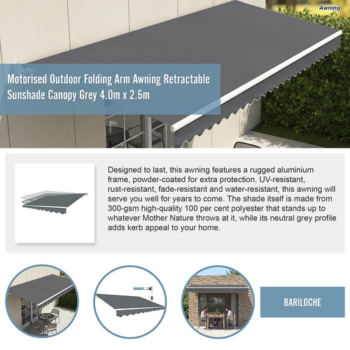 Automatic Retractable Awning 4x2.5m - Grey Outdoor Wall Sunshade