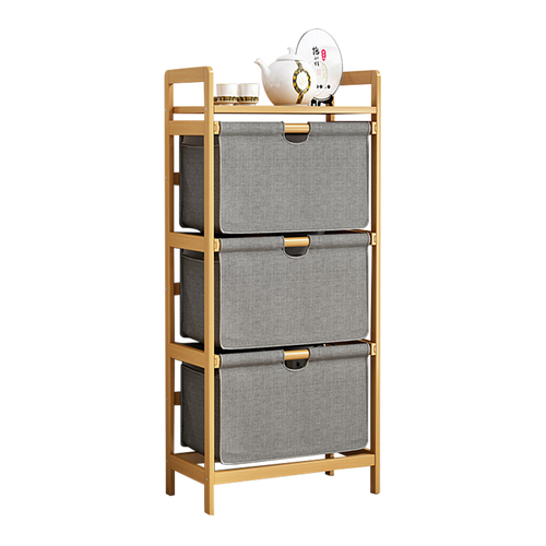Bamboo Shelf with Storage Hamper – Wooden Organiser Rack with Three-Set Removable Laundry Bags
