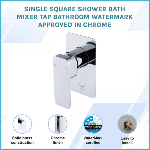 Single Square Shower Bath Mixer Tap Bathroom WATERMARK Approved - Chrome