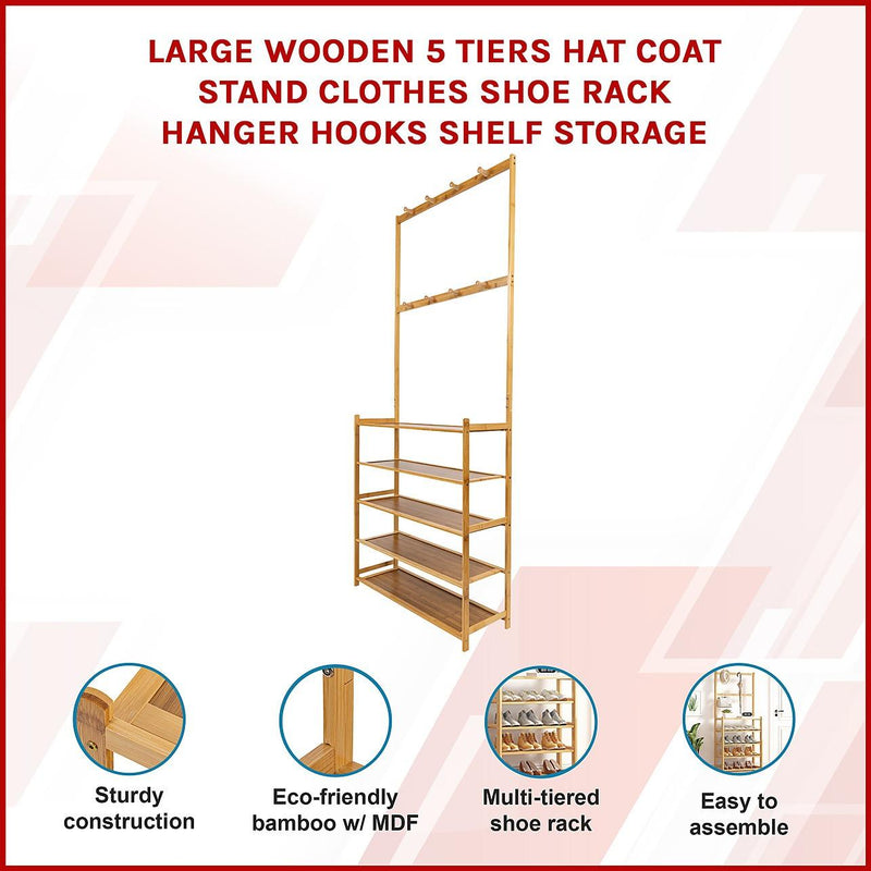 Five Hat Racks Large Wooden 5 Tiers Hat Coat Stand Clothes Shoe Rack Hanger Hooks ...