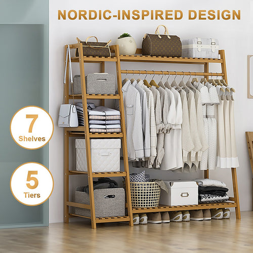 Portable Clothes Rack Coat Garment Stand Bamboo Rail