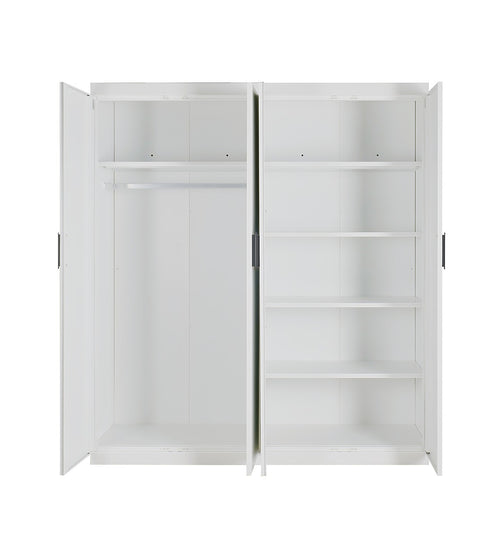 4 Door White Wardrobe Cabinet – Hanging Rail, Shelves & Black Handles