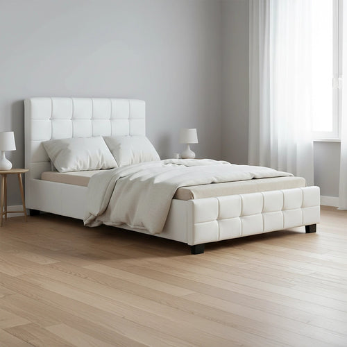 King Single Deluxe White PU Leather Upholstered Bed Frame with Headboard & Slats