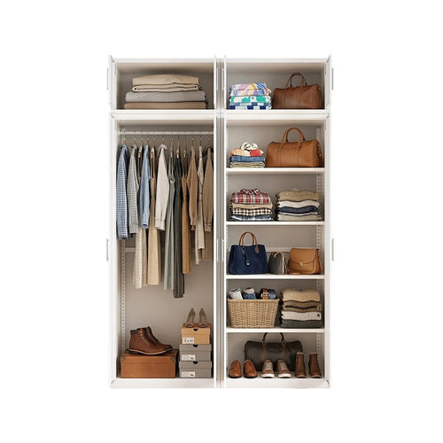 160x240cm 4-Door White Steel Hanging and Shelf Wardrobe with White Handle Storage Cabinet