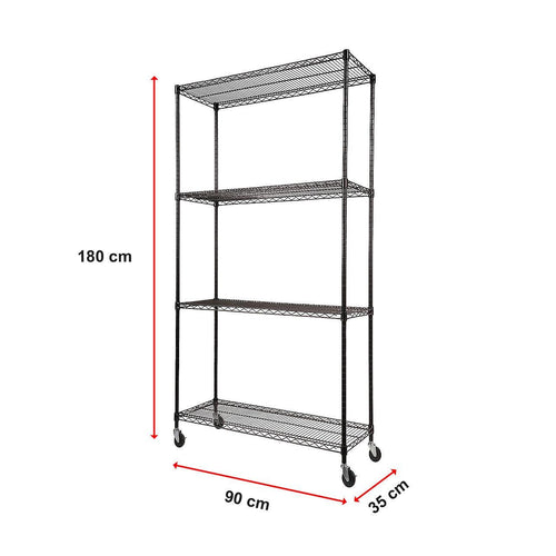 Modular Wire Storage Shelf 900 x 350 x 1800mm Steel Shelving - Baking Black Technology with Wheels