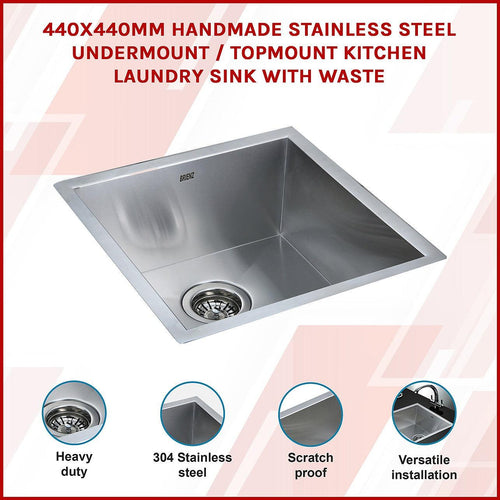 440x440mm Stainless Steel Handmade 1.0mm Sink with Waste in Stainless Steel Finish