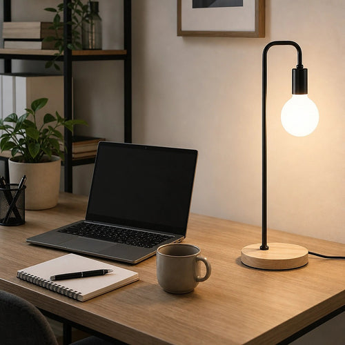 Modern Black Table Lamp Desk Light – Timber Base Bedside Lighting for Bedroom or Study