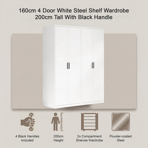 160x200cm 4-Door White Steel Shelf Wardrobe with Black Handle Storage Cabinet