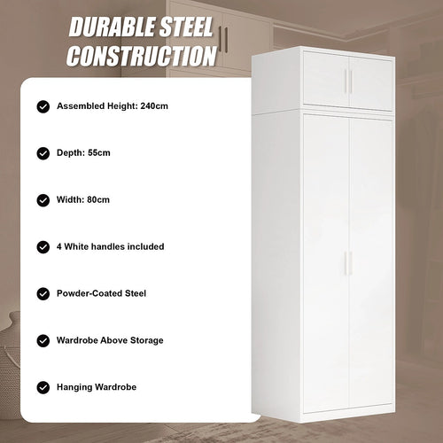 80x240cm 2-Door White Steel Hanging Wardrobe with White Handle Storage Cabinet