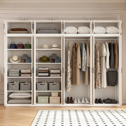 320x240cm 8-Door White Steel 2 Hanging and 2 Shelf Wardrobe with Black Handle Storage Cabinet