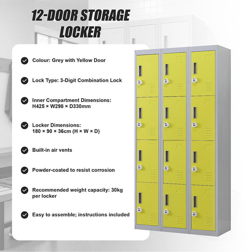 12-Door Steel Locker – Grey with Yellow Door, 3-Digit Combination Lock
