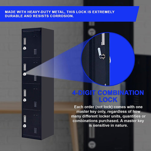 Black 4-Door Locker for Office Gym Shed School Home Storage - 3-Digit Combination Lock
