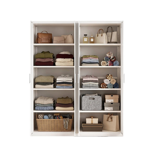 160x200cm 4-Door White Steel Shelf Wardrobe with White Handle Storage Cabinet