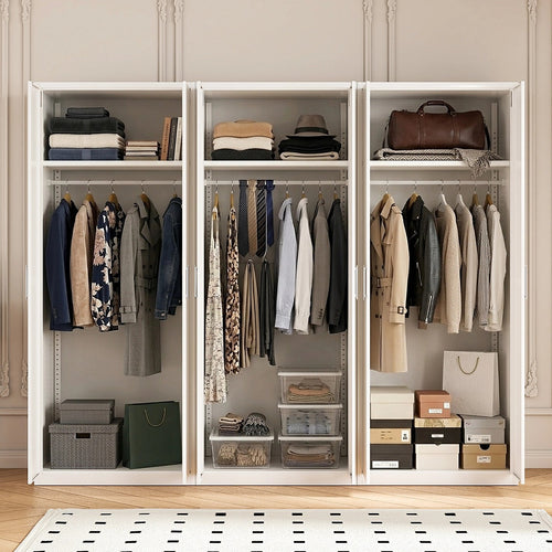 240x200cm 6-Door White Steel Hanging Wardrobe with White Handle Storage Cabinet