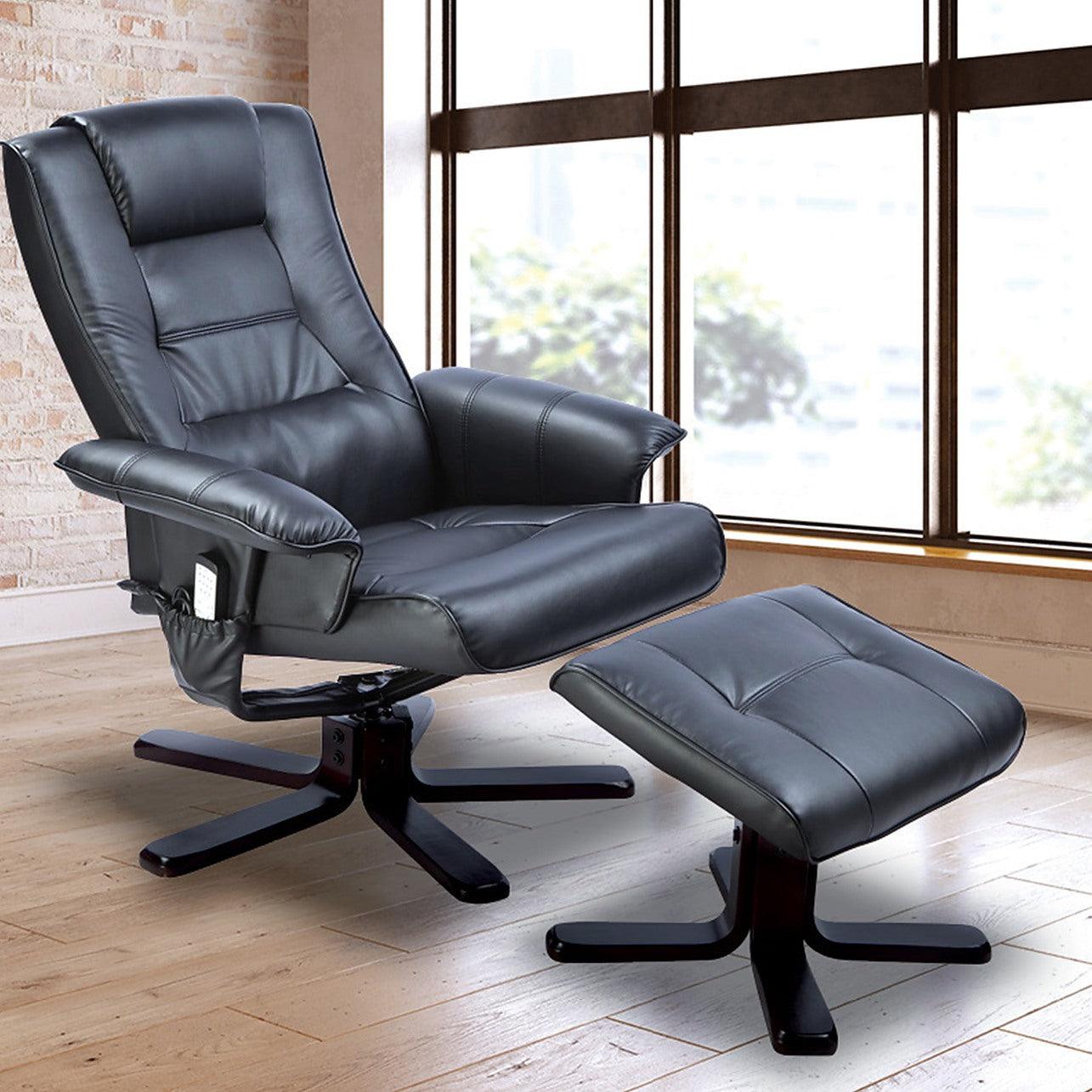 Massage Recliner Chair Black PU Leather with Ottoman Remote
