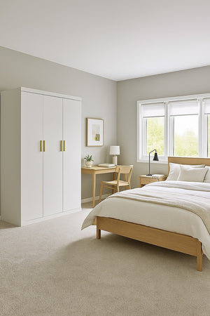 4 Door White Wardrobe Cabinet – Hanging Rail, Shelves & Gold Handles