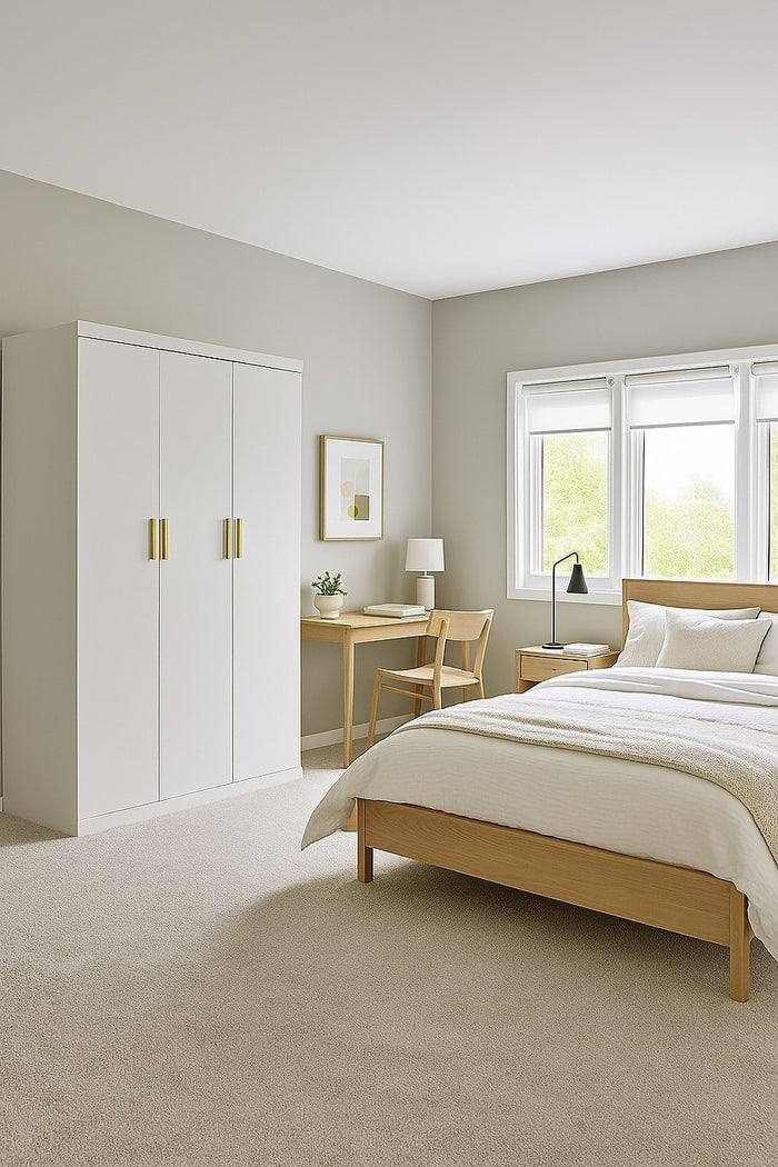 4 Door White Wardrobe Cabinet – Hanging Rail, Shelves & Gold Handles