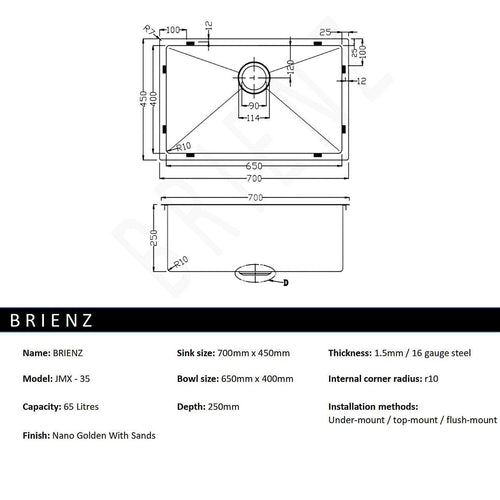 700x450mm Stainless Steel Handmade 1.5mm Sink with Waste in Gold with sand-finish Finish