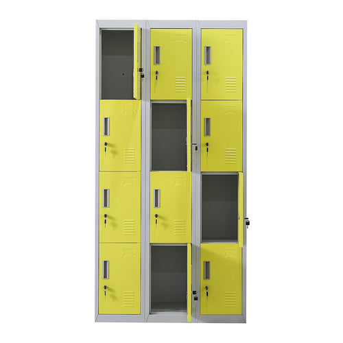 12-Door Steel Locker – Grey with Yellow Door, Standard Lock with 2 Keys