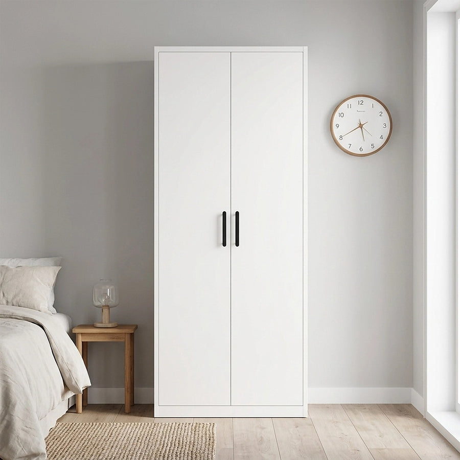 80x200cm 2-Door White Steel Shelf Wardrobe with Black Handle Storage Cabinet