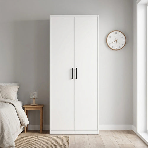 80x200cm 2-Door White Steel Shelf Wardrobe with Black Handle Storage Cabinet