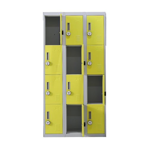12-Door Steel Locker – Grey with Yellow Door, 4-Digit Combination Lock