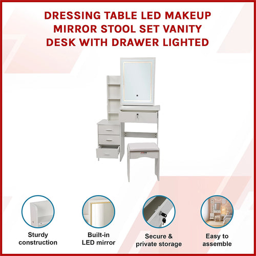 Makeup Vanity Table with LED Lighted Mirror & Stool – Bedroom Dressing Table with Storage Drawers