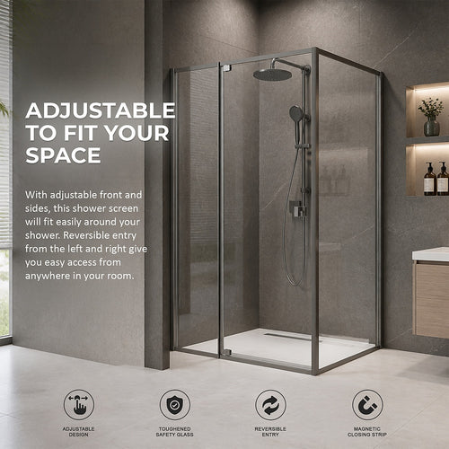 Semi-Frameless Shower Screen – Gunmetal, Front: (114~122)x195cm, Side: (89~92)x195cm