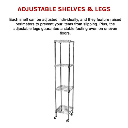 Modular Wire Storage Shelf 350 x 350 x 1800mm Steel Shelving - Carbon Chrome Plated with Wheels