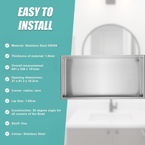 641 x 336 x 101mm Shower Niche Single Shelf Organizer No Tile Needed in Stainless Steel Finish