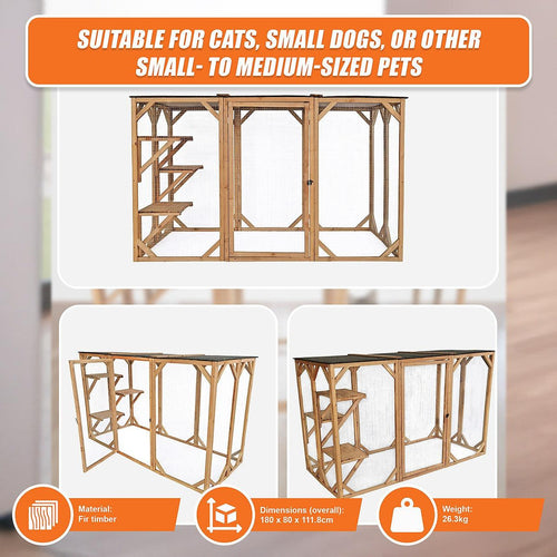 180cm Large Cat Enclosure Wooden Outdoor Cage with 3 Platforms