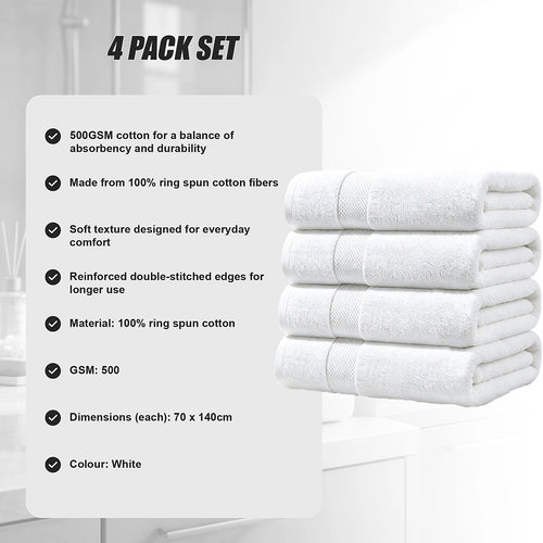 500 GSM Cotton Bath Towels 4 Pack White